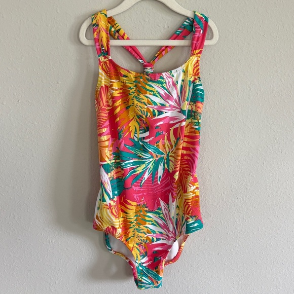 Garnet Hill Girl's Size 12 Tropical Leaf Floral Colorful One Piece Swimsuit - Picture 1 of 5